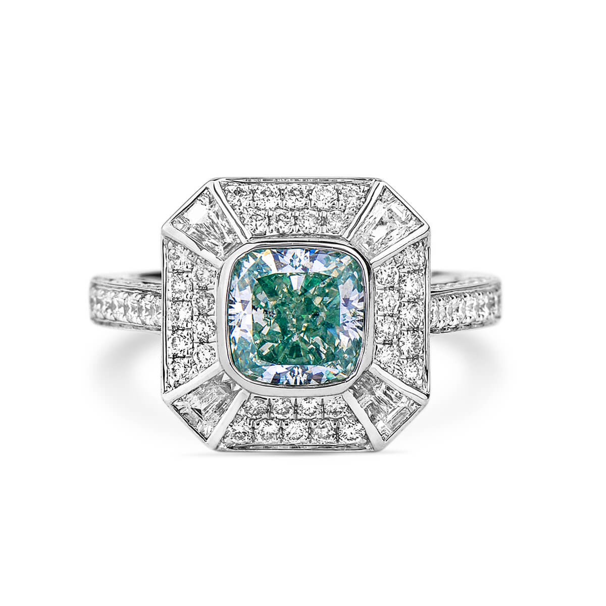 Blue Green Sapphire & Diamond Three Stone Engagement Ring